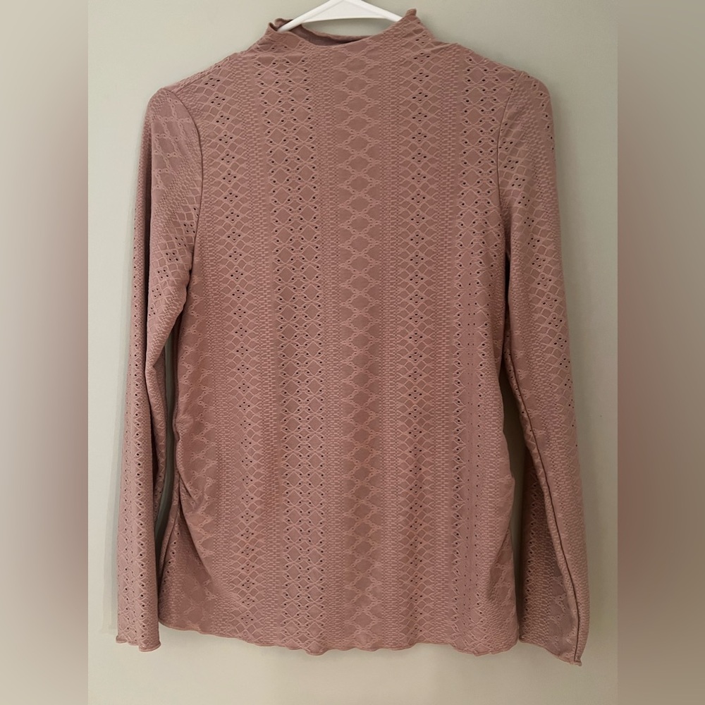 Maternity Medium Mock Neck Lettuce Trim Pointelle Knit Shirt Long Sleeve Shirts - Picture 7 of 9
